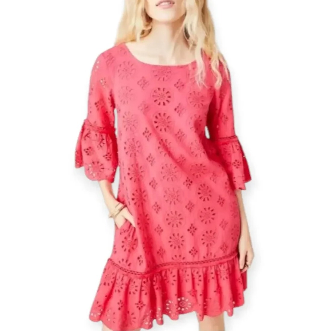 Anthropologie Pink Eyelet Shift Dress Sz 8 Boho Ruffle Embroidered Feminine